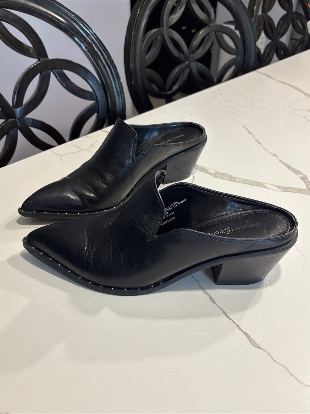 Treasure & Bond Black Pointed Toe Silver Studded Leather Mules Women's Size 7.5